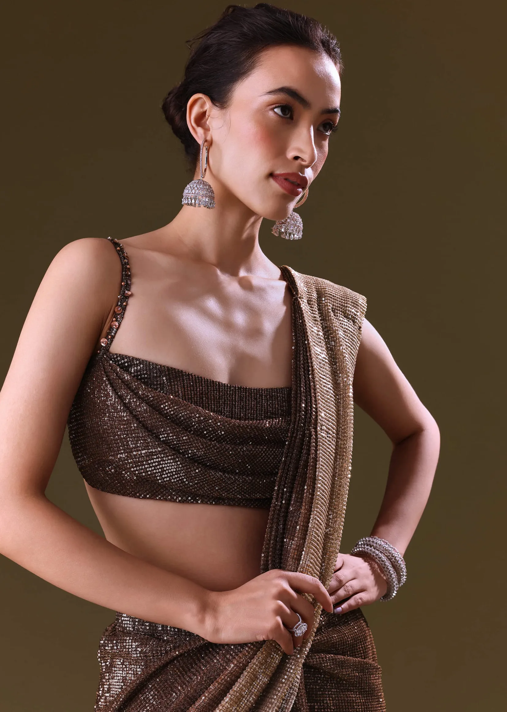 Brown Pre Stitched Saree With Cowl Blouse