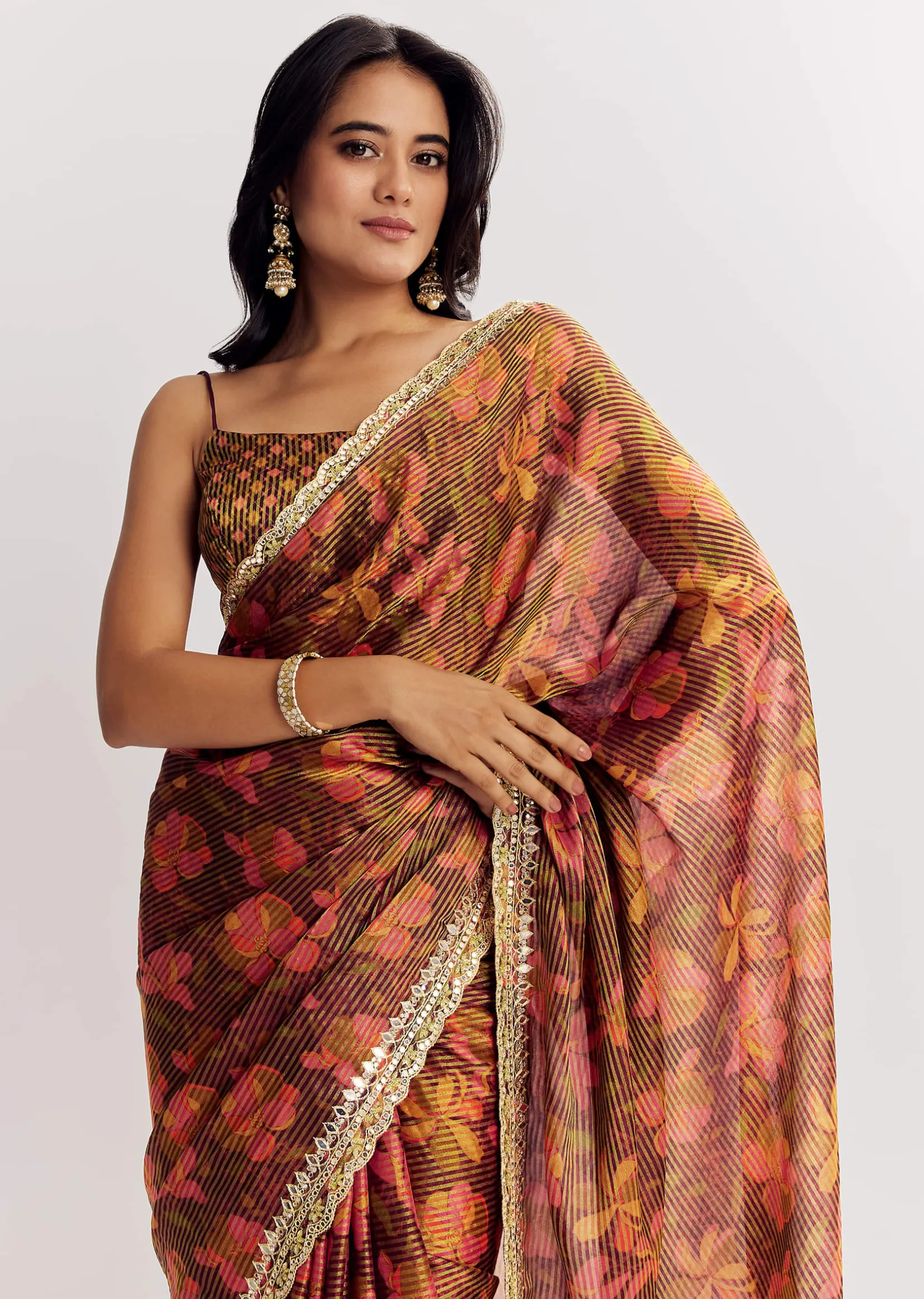 Brown Printed Tissue Lurex Saree With Zari Mirror And Cutdana Embroidery