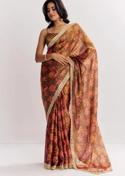 Brown Printed Tissue Lurex Saree With Zari Mirror And Cutdana Embroidery