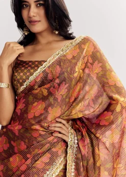 Brown Printed Tissue Lurex Saree With Zari Mirror And Cutdana Embroidery