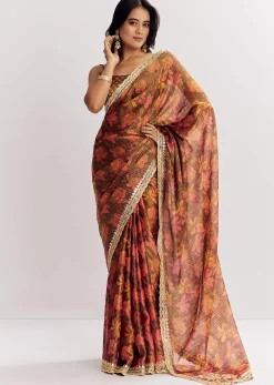 Brown Printed Tissue Lurex Saree With Zari Mirror And Cutdana Embroidery