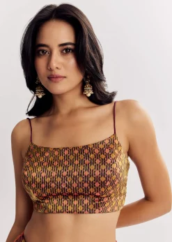 Brown Printed Tissue Lurex Saree With Zari Mirror And Cutdana Embroidery