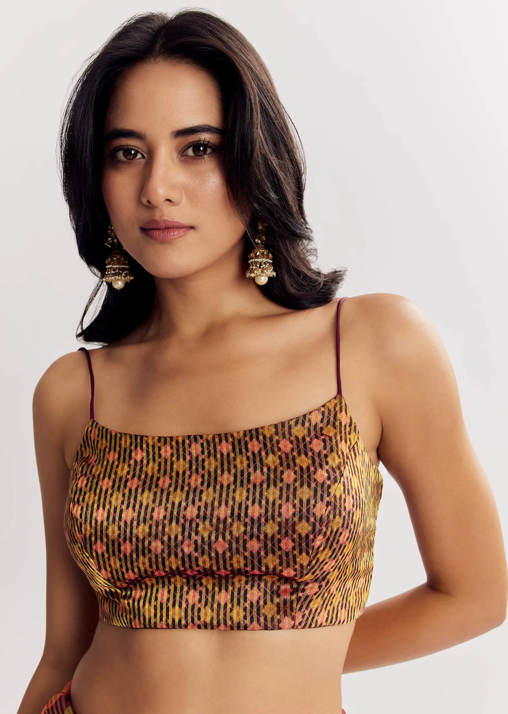 Brown Printed Tissue Lurex Saree With Zari Mirror And Cutdana Embroidery