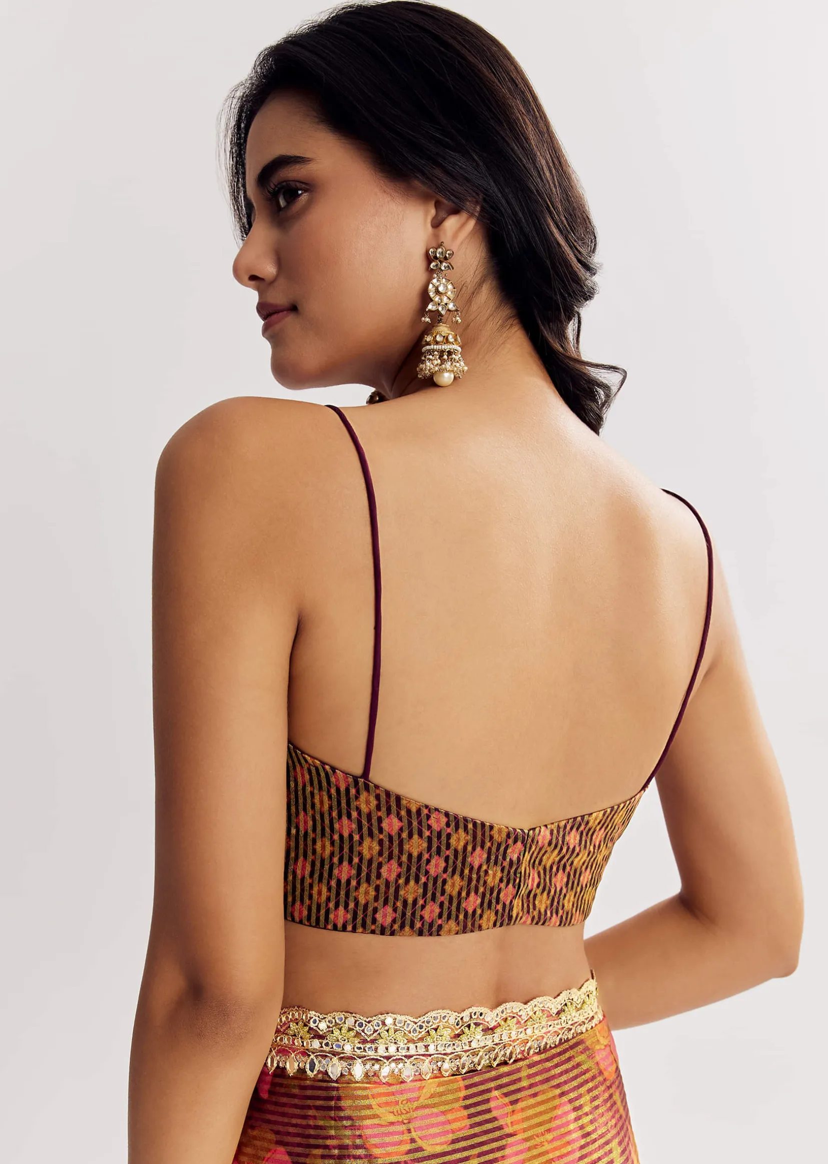 Brown Printed Tissue Lurex Saree With Zari Mirror And Cutdana Embroidery