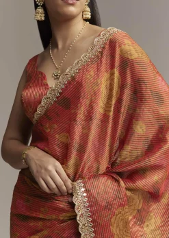 Brown Red Tissue Saree With Mirror And Zari Work