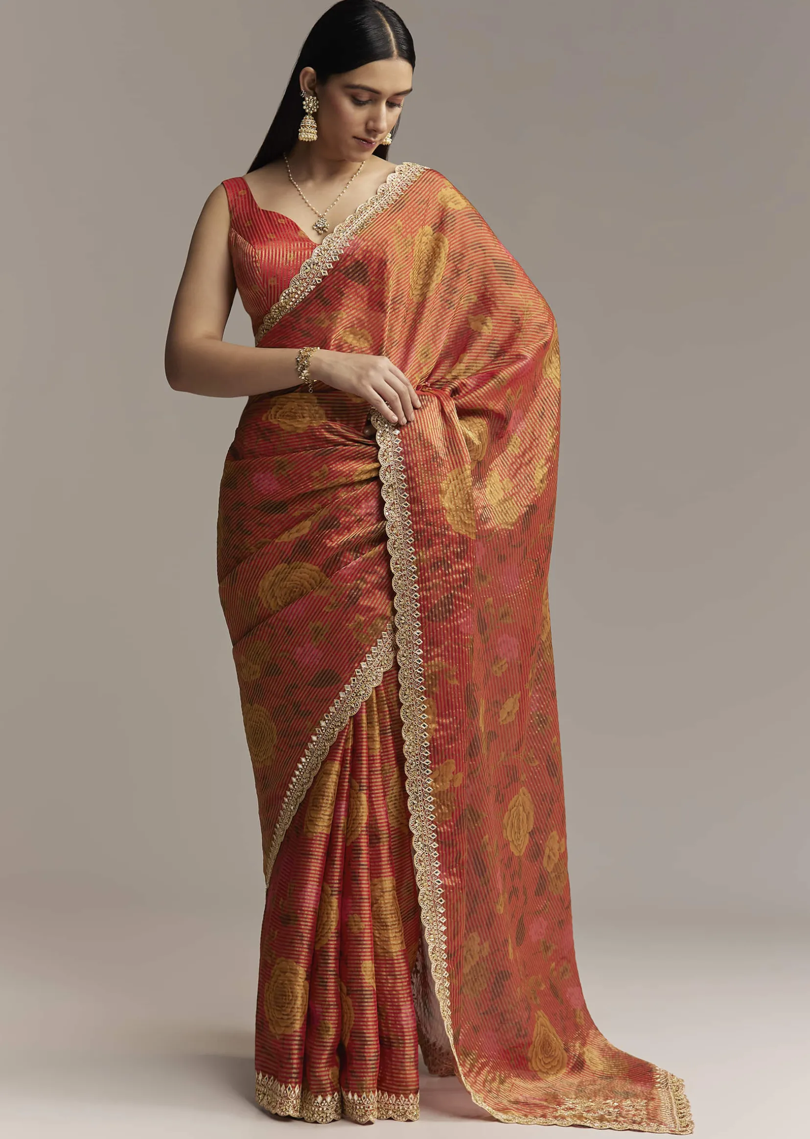 Brown Red Tissue Saree With Mirror And Zari Work