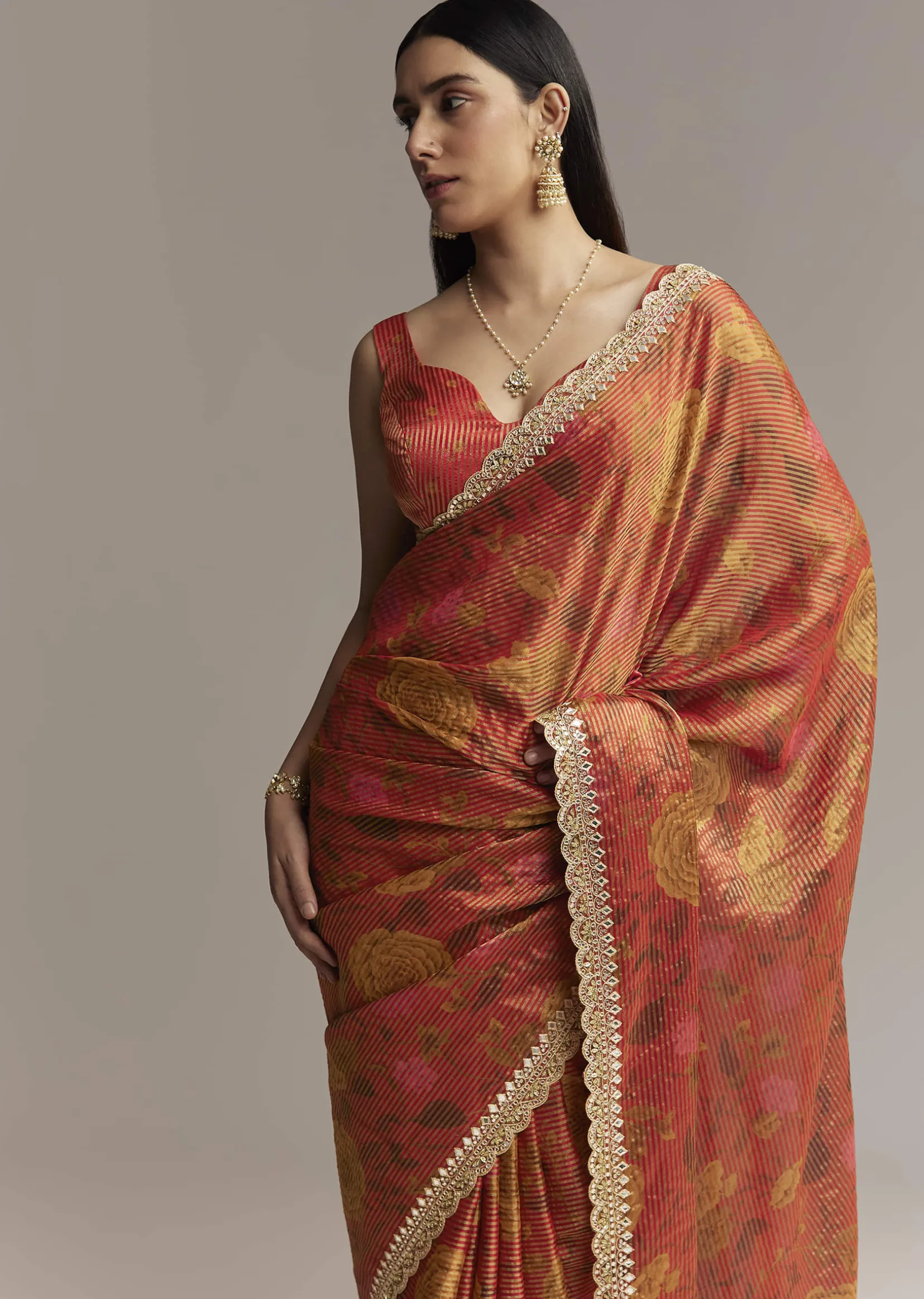 Brown Red Tissue Saree With Mirror And Zari Work