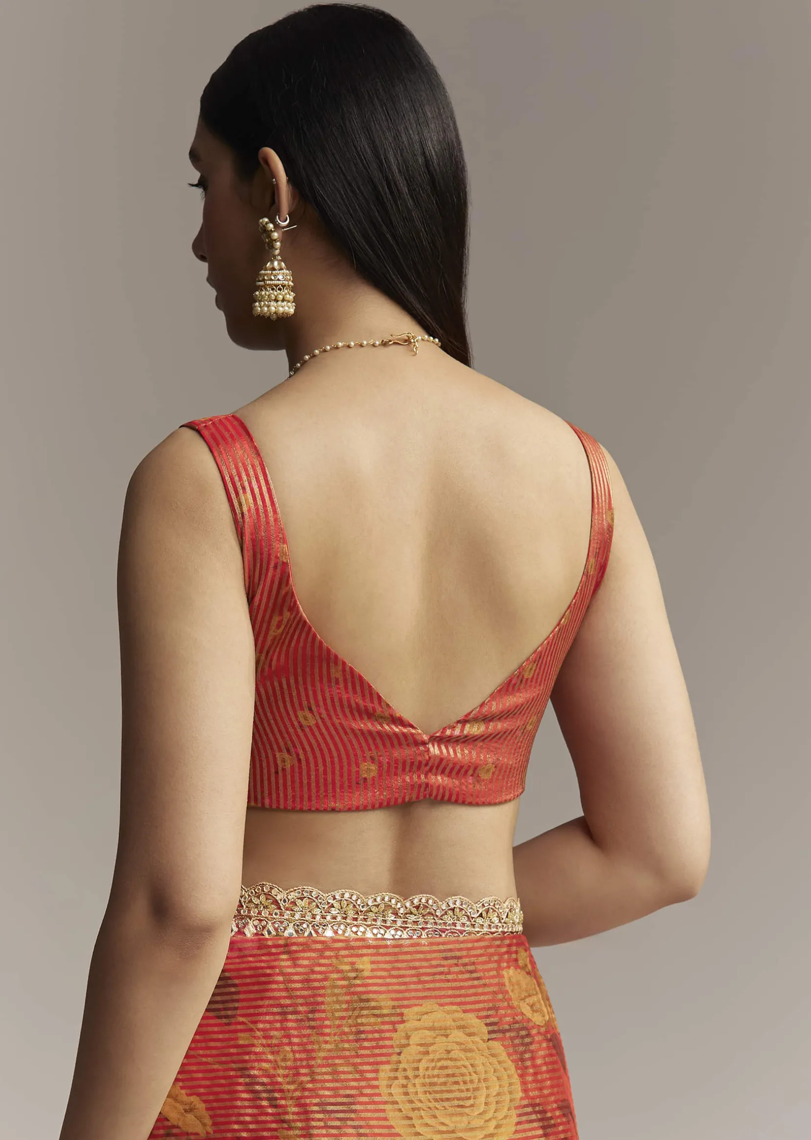 Brown Red Tissue Saree With Mirror And Zari Work
