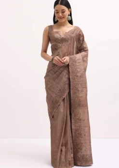 Brown Resham Work Tussar Saree With Unstitched Blouse