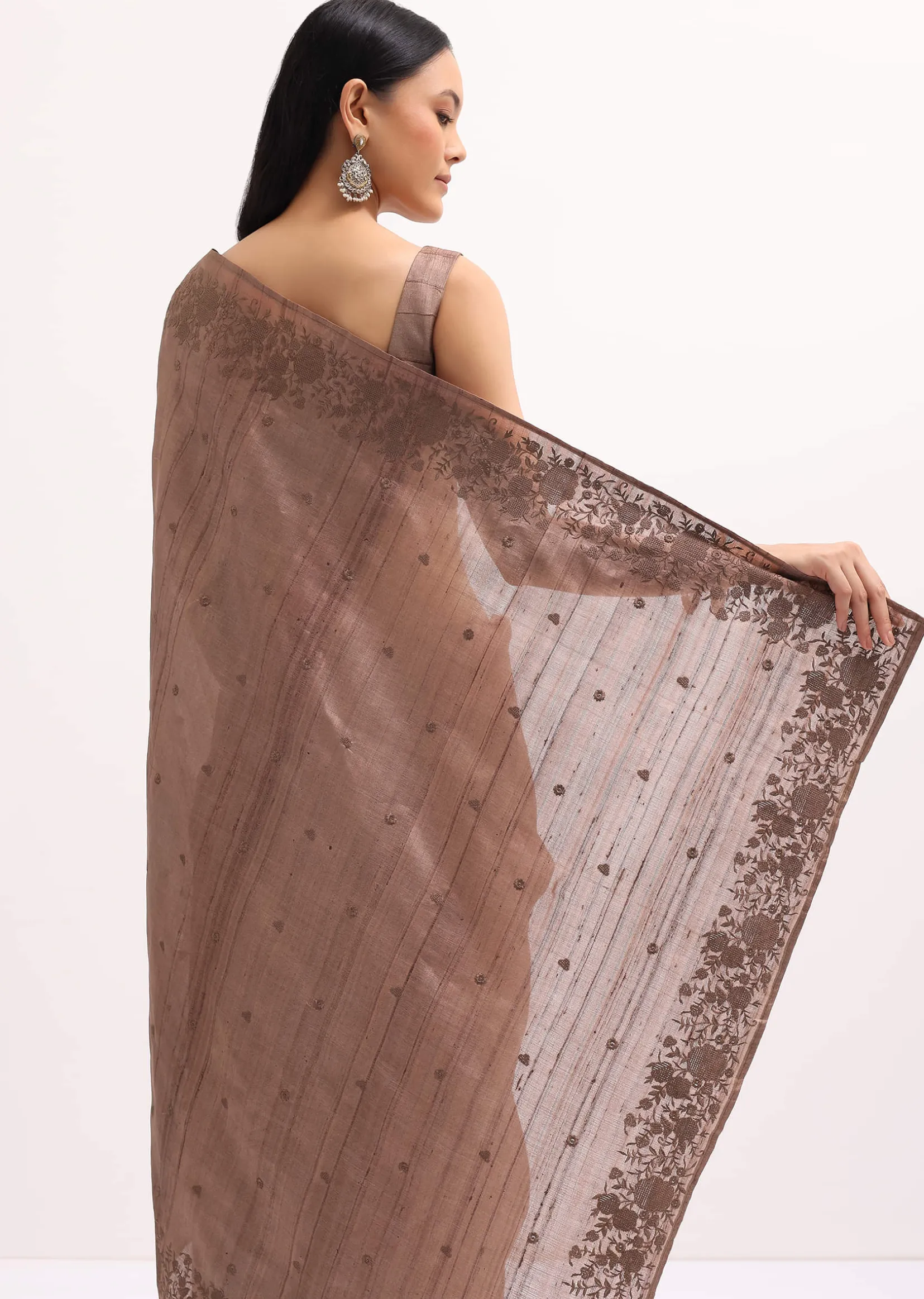 Brown Resham Work Tussar Saree With Unstitched Blouse