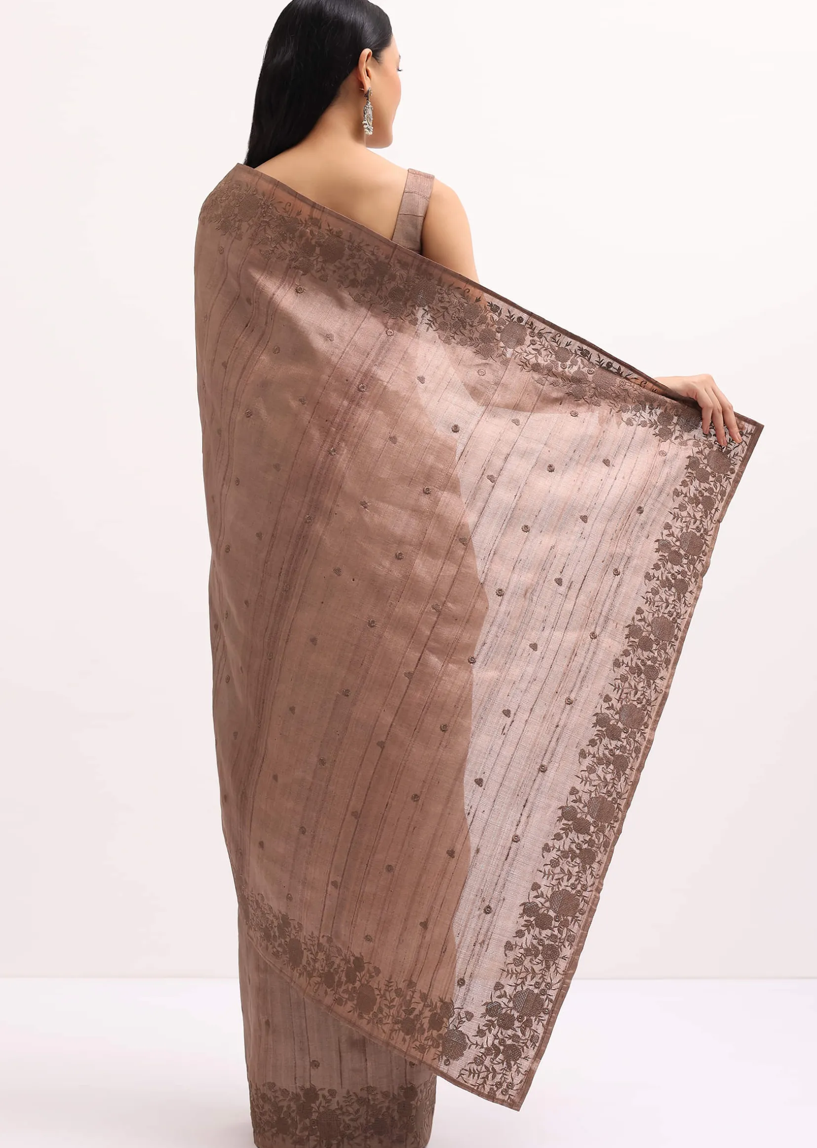 Brown Resham Work Tussar Saree With Unstitched Blouse