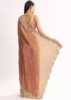 Brown Rust Crush Tissue Saree With Gota Zari And Beads Embroidery