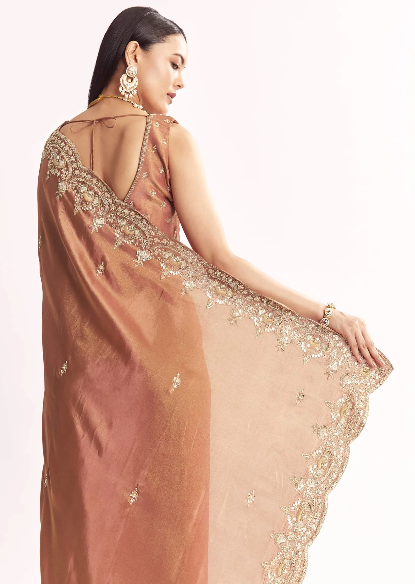 Brown Rust Crush Tissue Saree With Gota Zari And Beads Embroidery