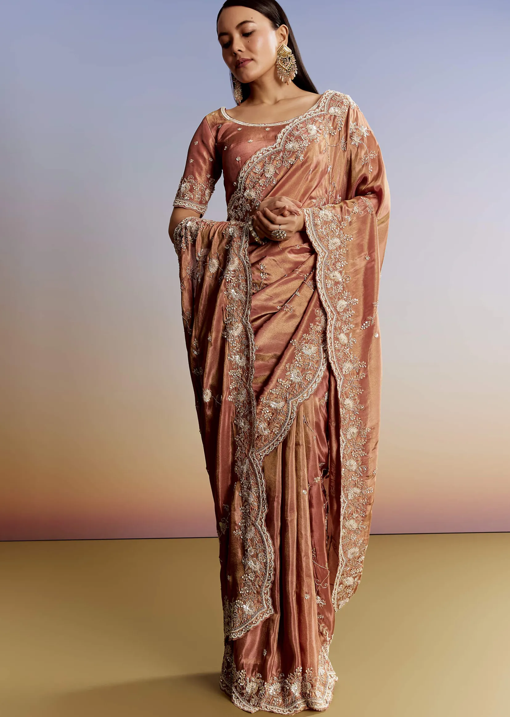 Brown Rust Crush Tissue Saree With Gota And Beads Embroidery