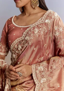 Brown Rust Crush Tissue Saree With Gota And Beads Embroidery