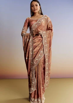 Brown Rust Crush Tissue Saree With Gota And Beads Embroidery