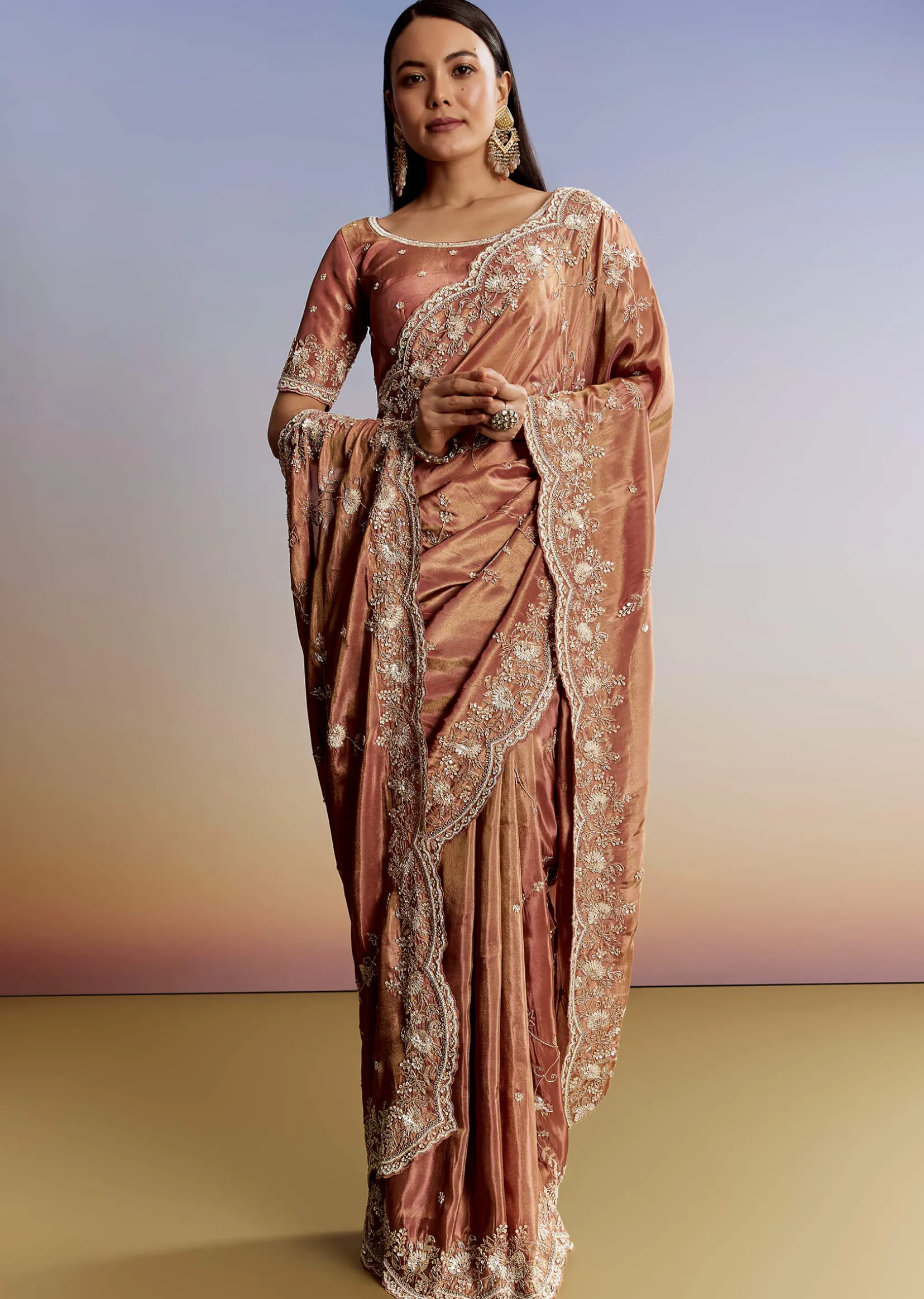 Brown Rust Crush Tissue Saree With Gota And Beads Embroidery