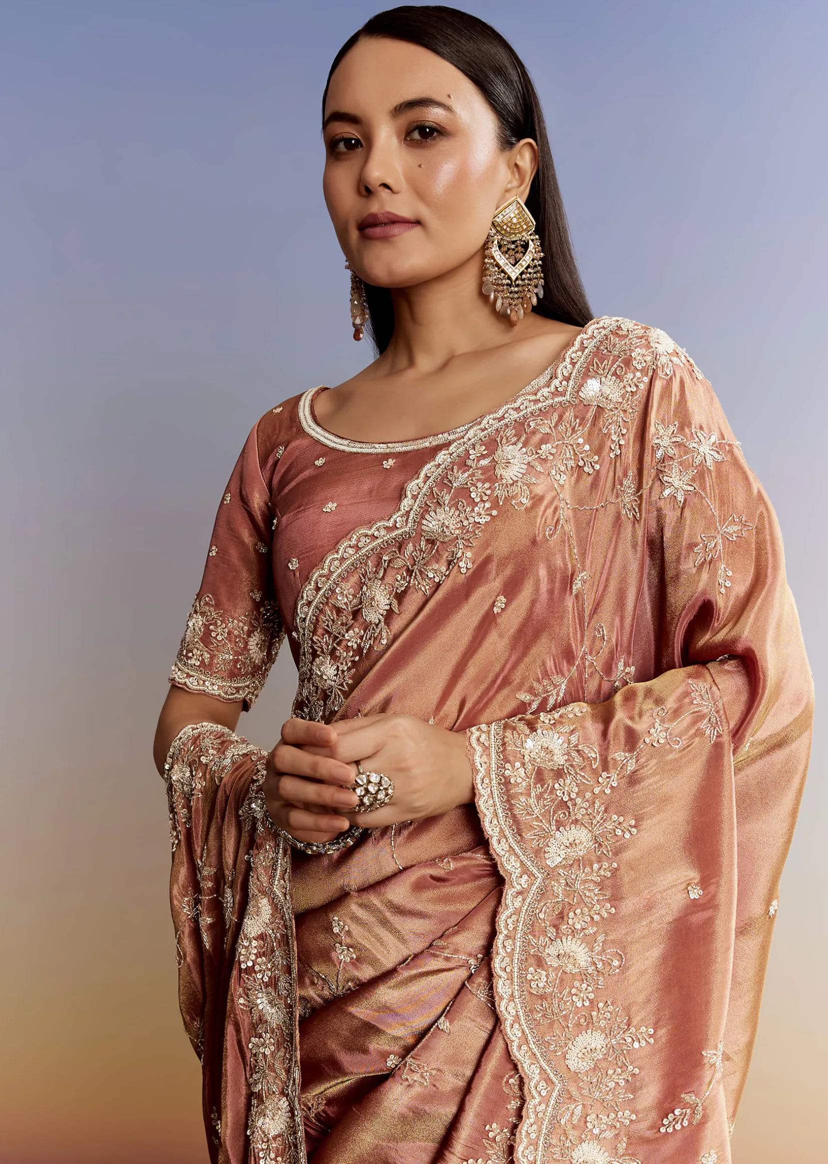 Brown Rust Crush Tissue Saree With Gota And Beads Embroidery