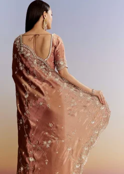 Brown Rust Crush Tissue Saree With Gota And Beads Embroidery