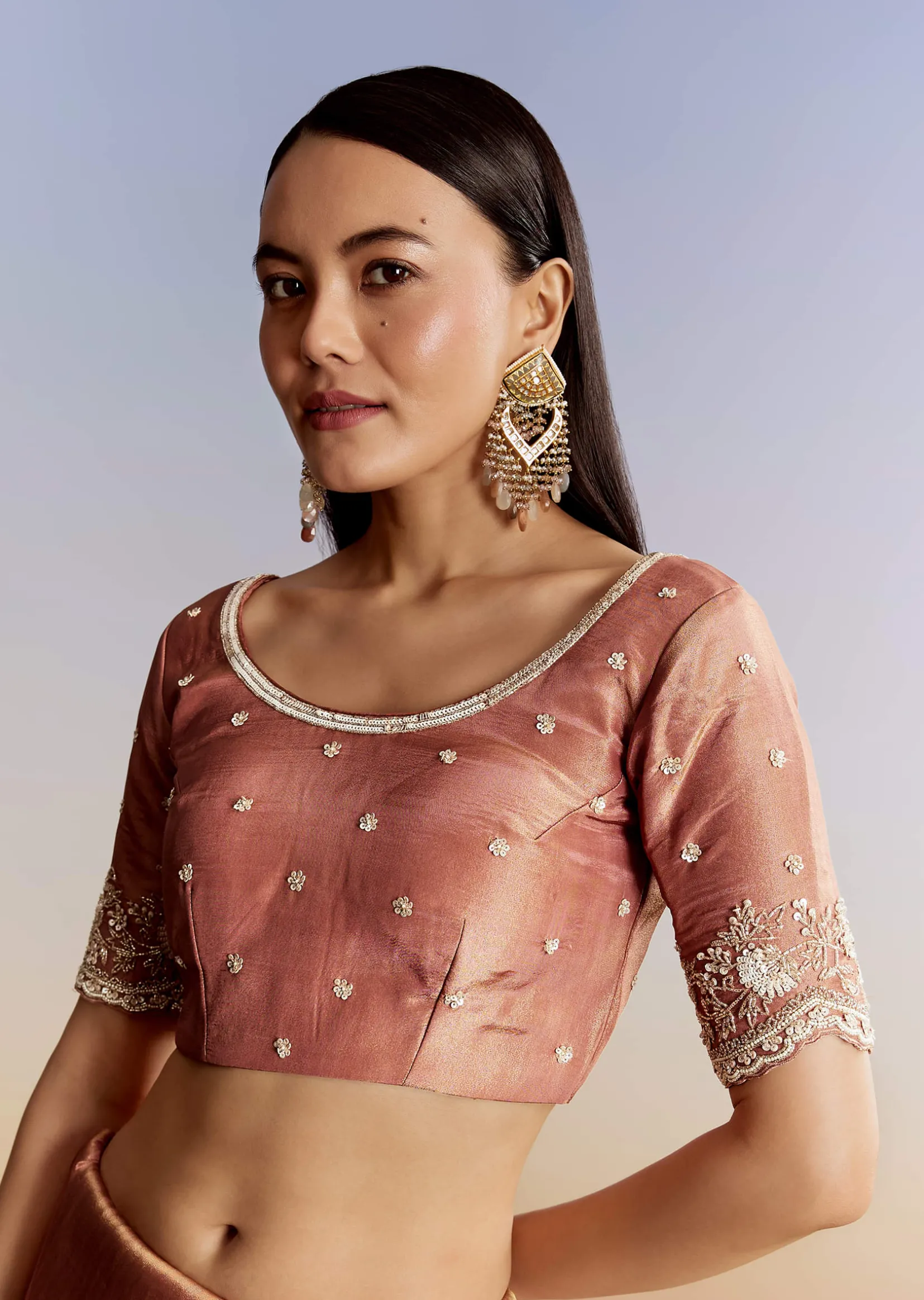 Brown Rust Crush Tissue Saree With Gota And Beads Embroidery