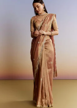 Brown Rust Tissue Saree With Moti Beads And Sequins