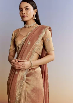 Brown Rust Tissue Saree With Moti Beads And Sequins