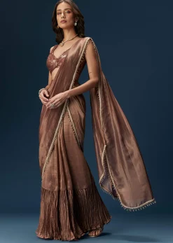 Brown Saree With Banarasi Blouse And Pre Stitched Drape
