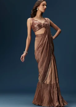 Brown Saree With Banarasi Blouse And Pre Stitched Drape