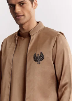 Brown Satin Jacket Kurta Set With Metal Accents