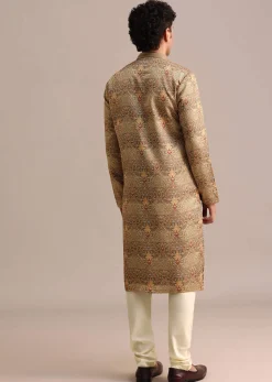 Brown Satin Printed Kurta Set For Men