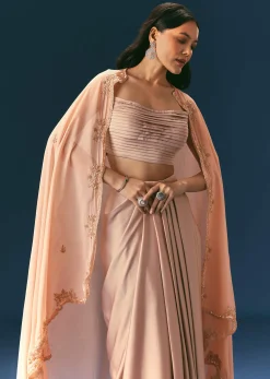 Brown Scallop Embroidered Cape With Bustier And Draped Skirt