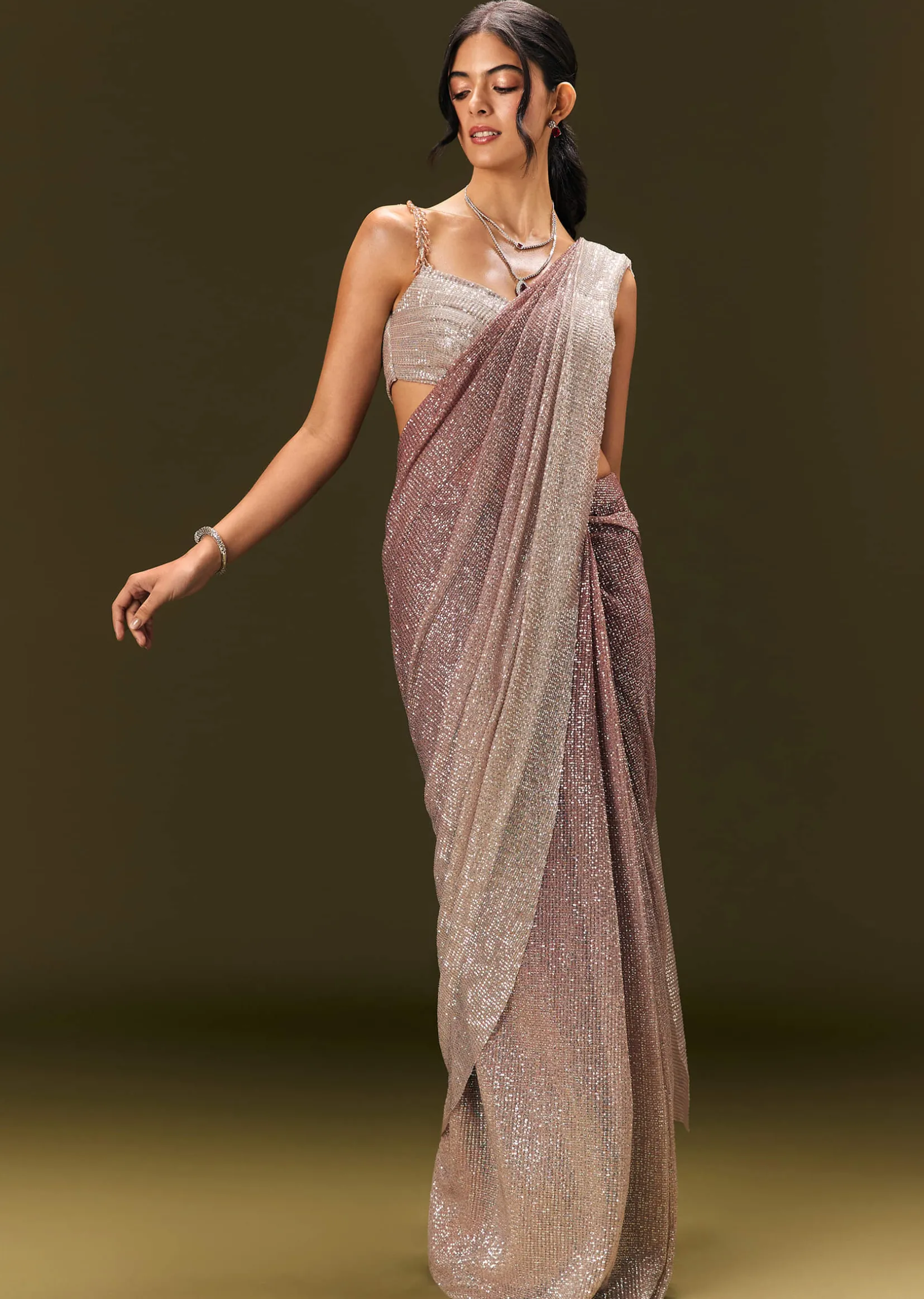 Brown Sequin Ready Pleated Saree With Stone Work