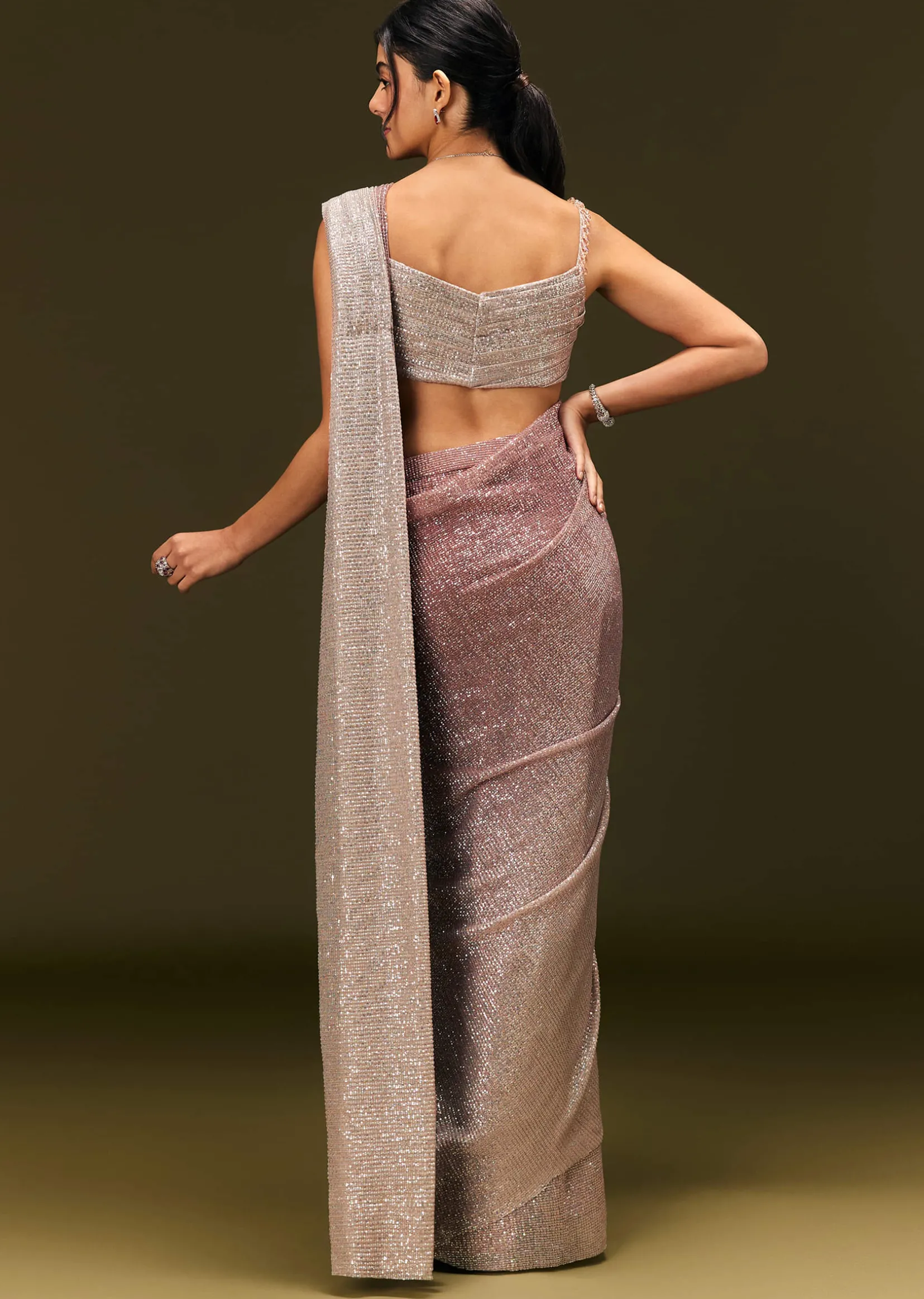 Brown Sequin Ready Pleated Saree With Stone Work