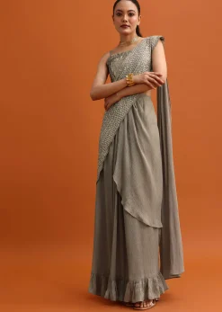 Brown Sequins Ready Pleated Saree