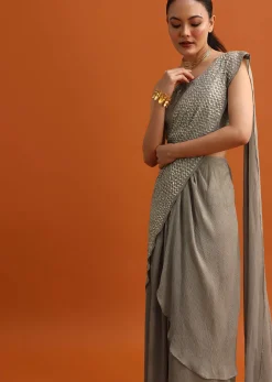 Brown Sequins Ready Pleated Saree