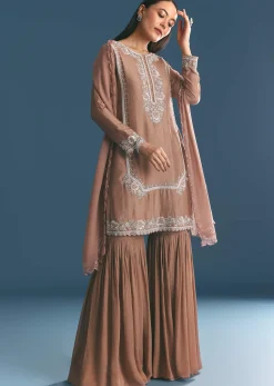 Brown Silk Sequin Cutdana Kurta Sharara With Dupatta