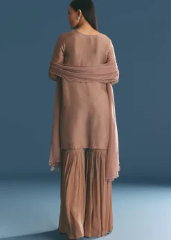 Brown Silk Sequin Cutdana Kurta Sharara With Dupatta