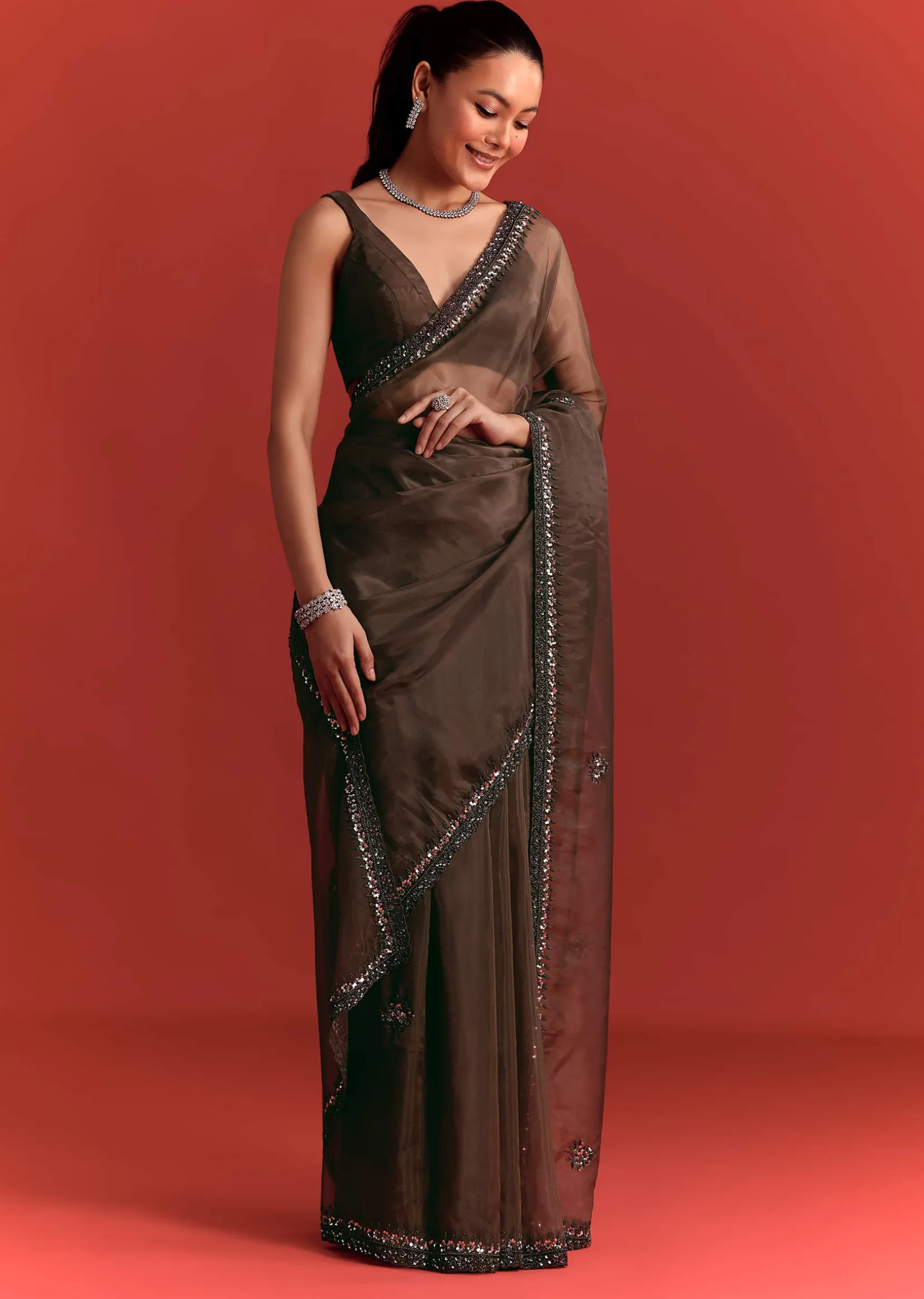 Brown Tissue Saree With Cutdana And Sequin Work