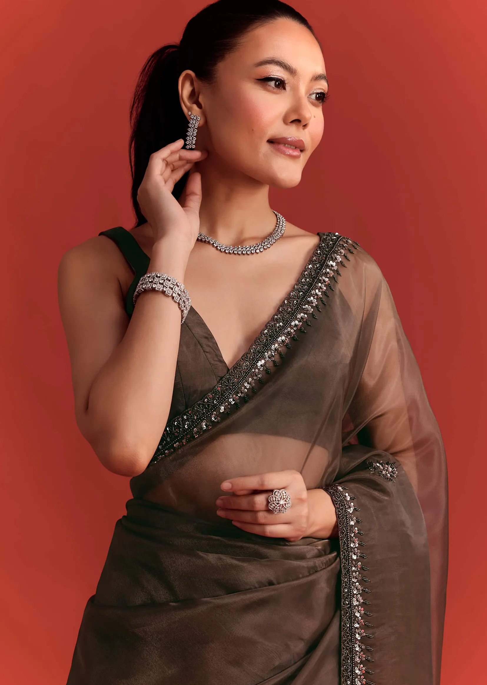 Brown Tissue Saree With Cutdana And Sequin Work