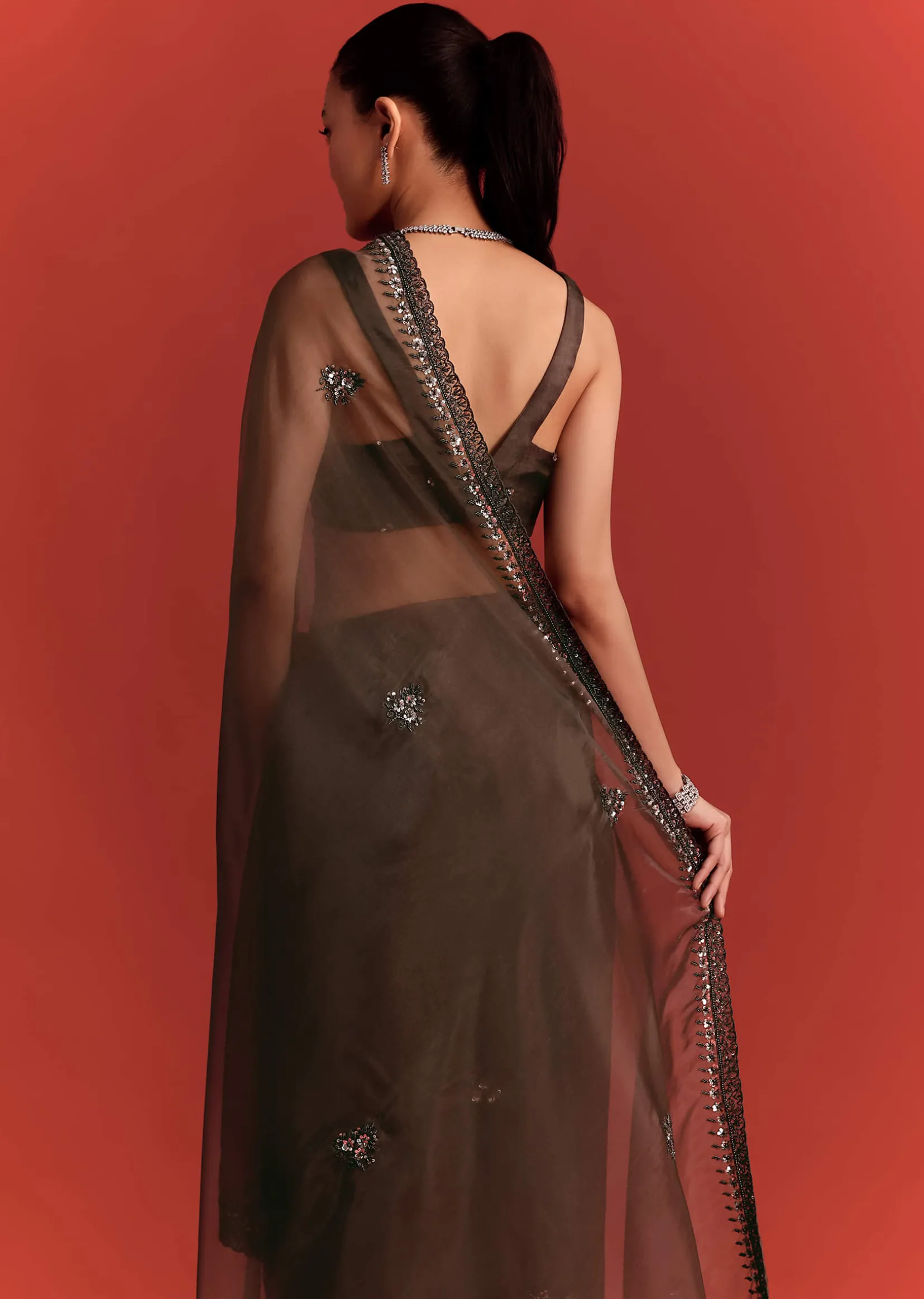 Brown Tissue Saree With Cutdana And Sequin Work