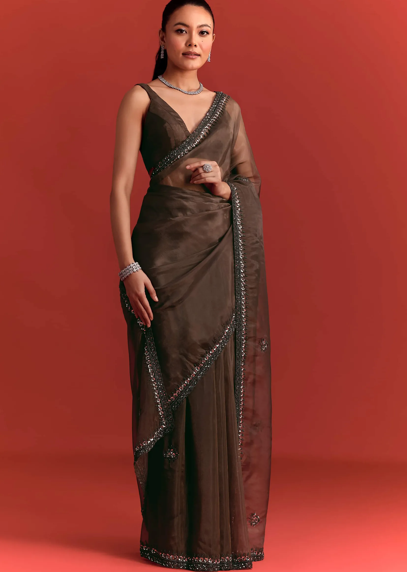Brown Tissue Saree With Cutdana And Sequin Work