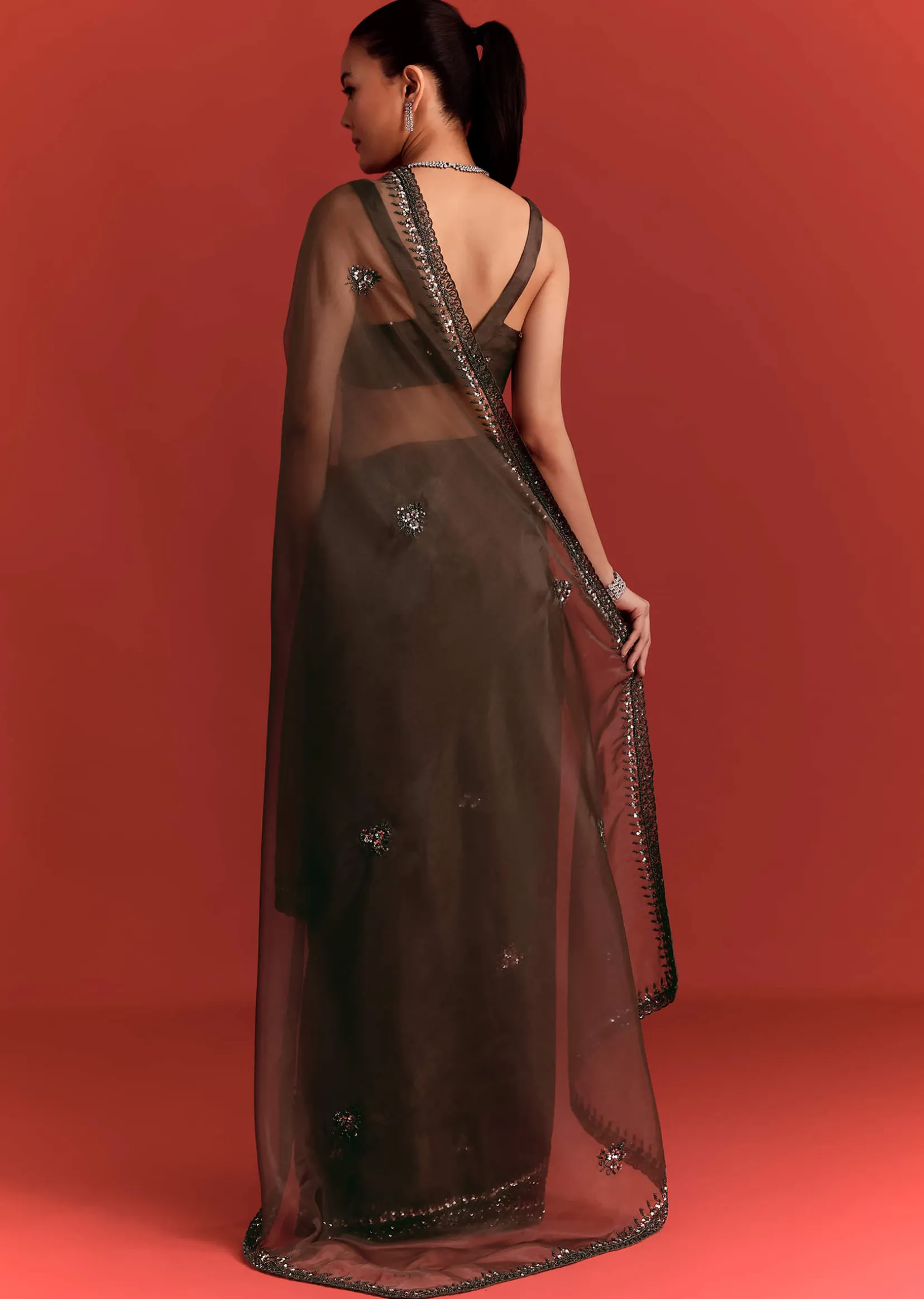 Brown Tissue Saree With Cutdana And Sequin Work