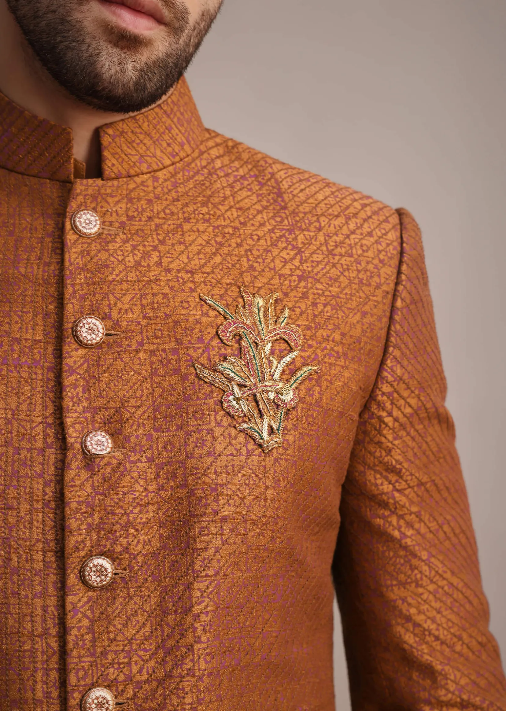 Brown Zari Embroidered Sherwani Suit With Mandarin Collar