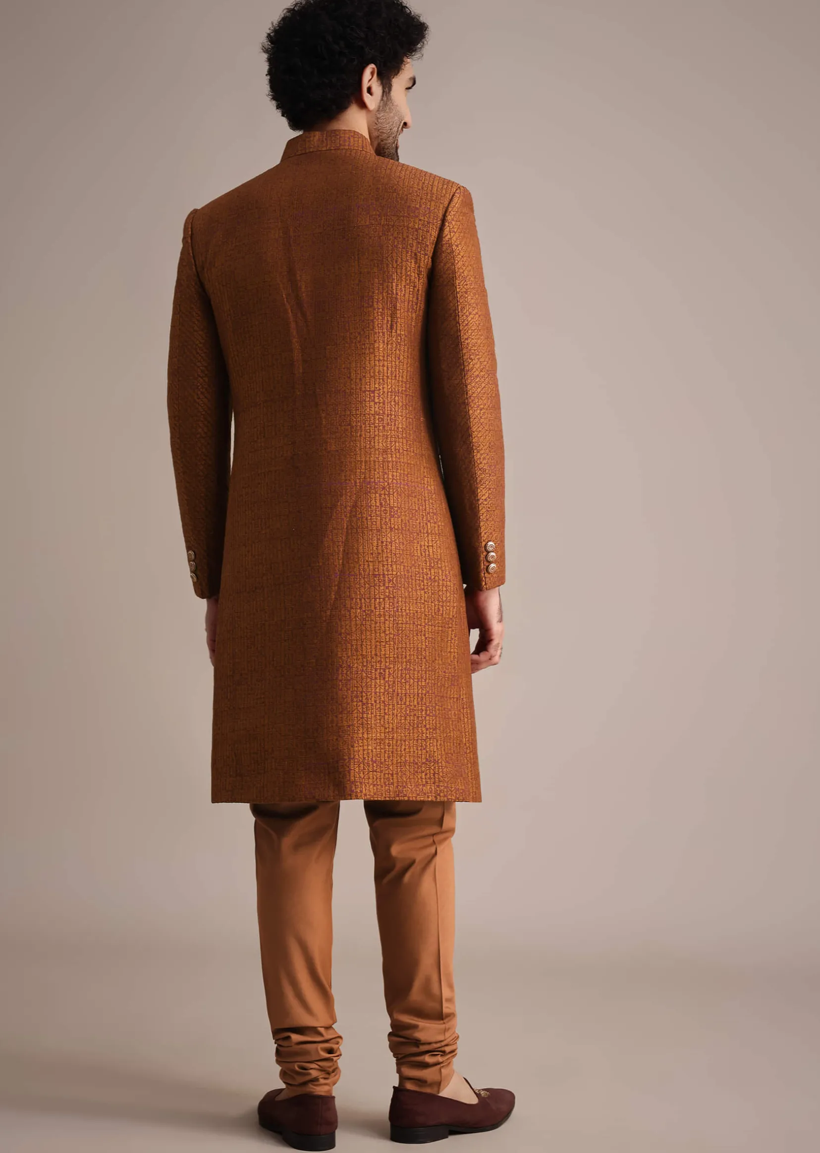 Brown Zari Embroidered Sherwani Suit With Mandarin Collar
