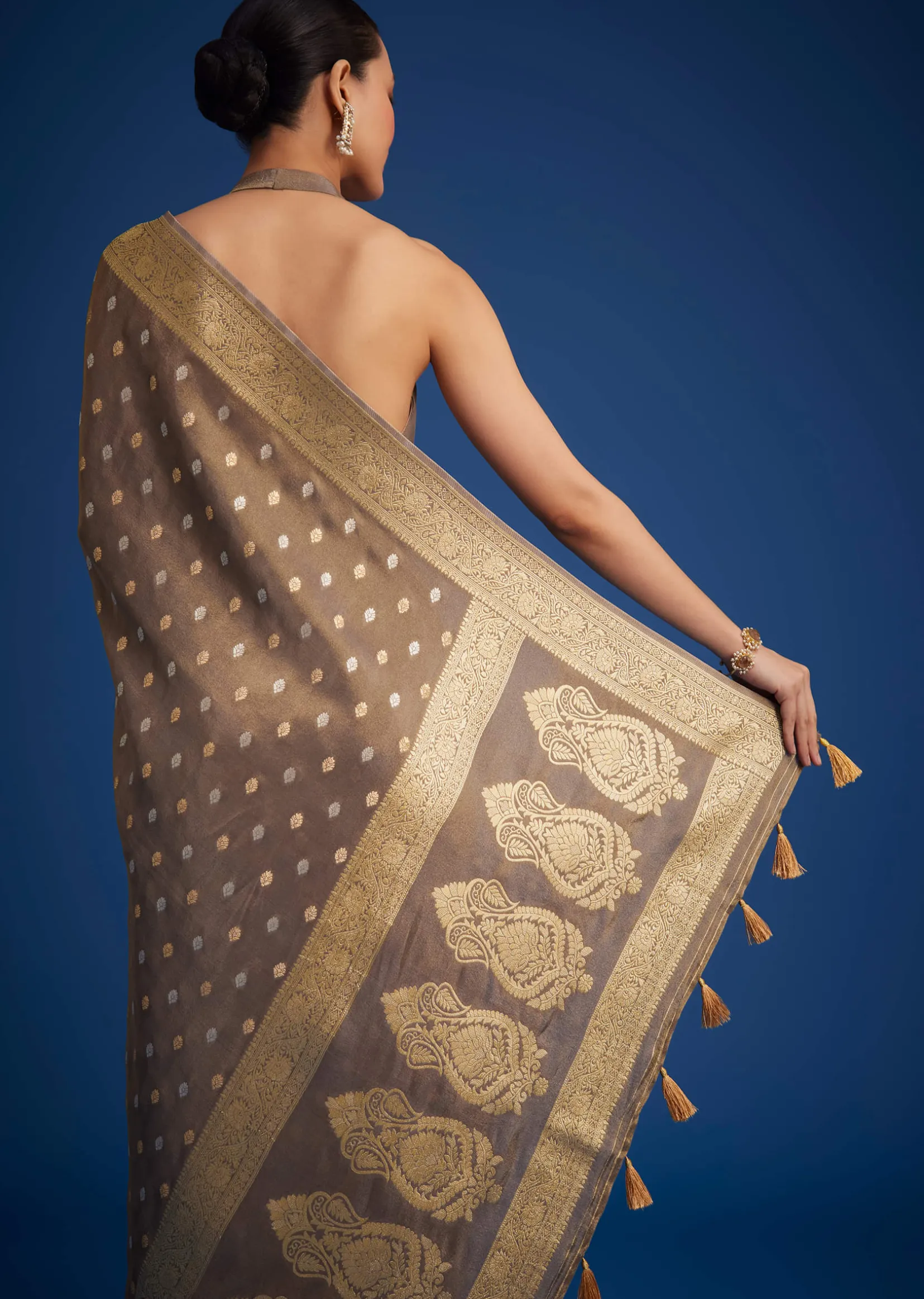 Brownish Grey Tissue Silk Saree With Zari Border And Butti Work