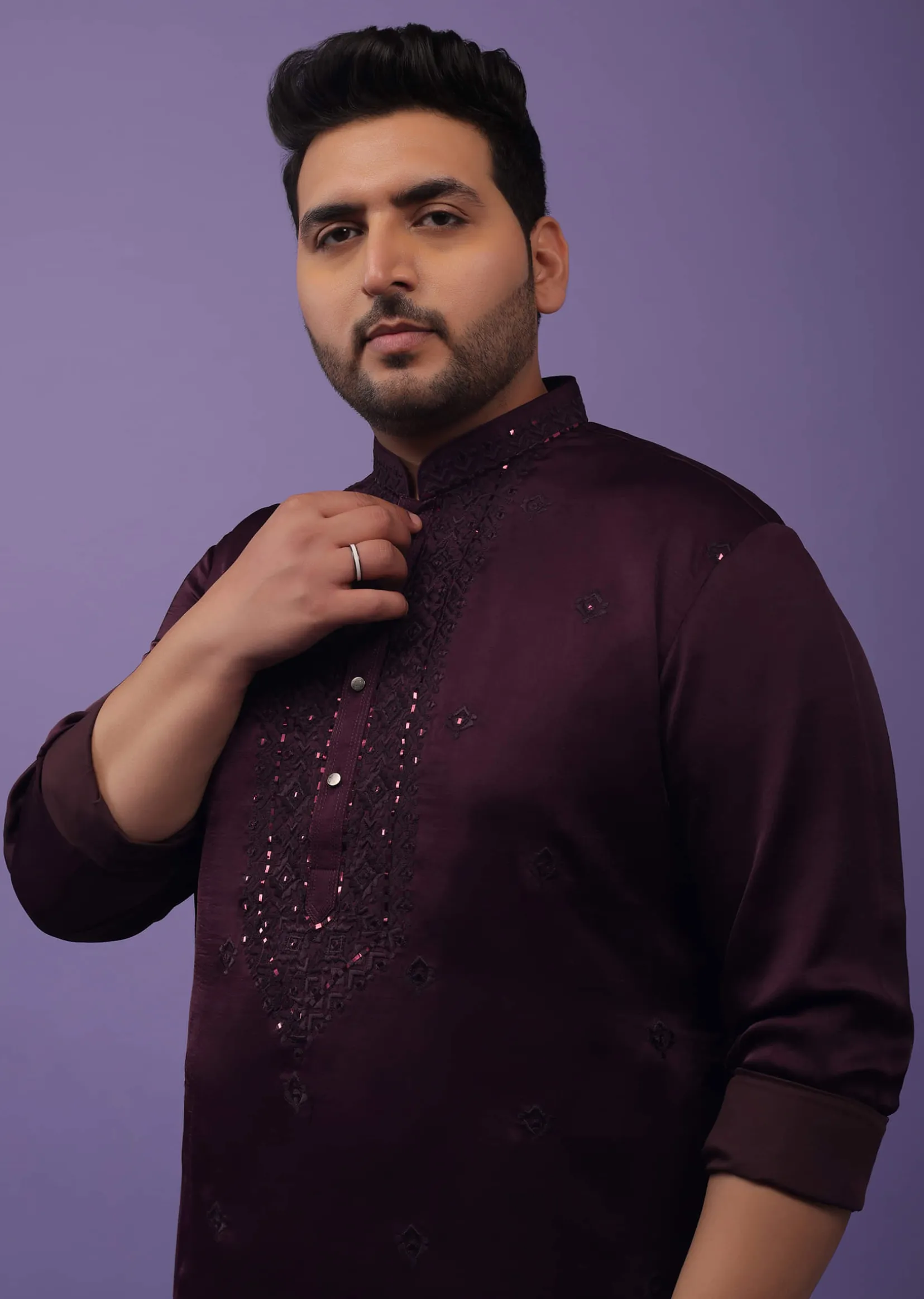 Burgundy Purple Lucknowi Embroidered Kurta In Mini Silk