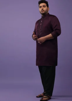 Burgundy Purple Lucknowi Embroidered Kurta In Mini Silk