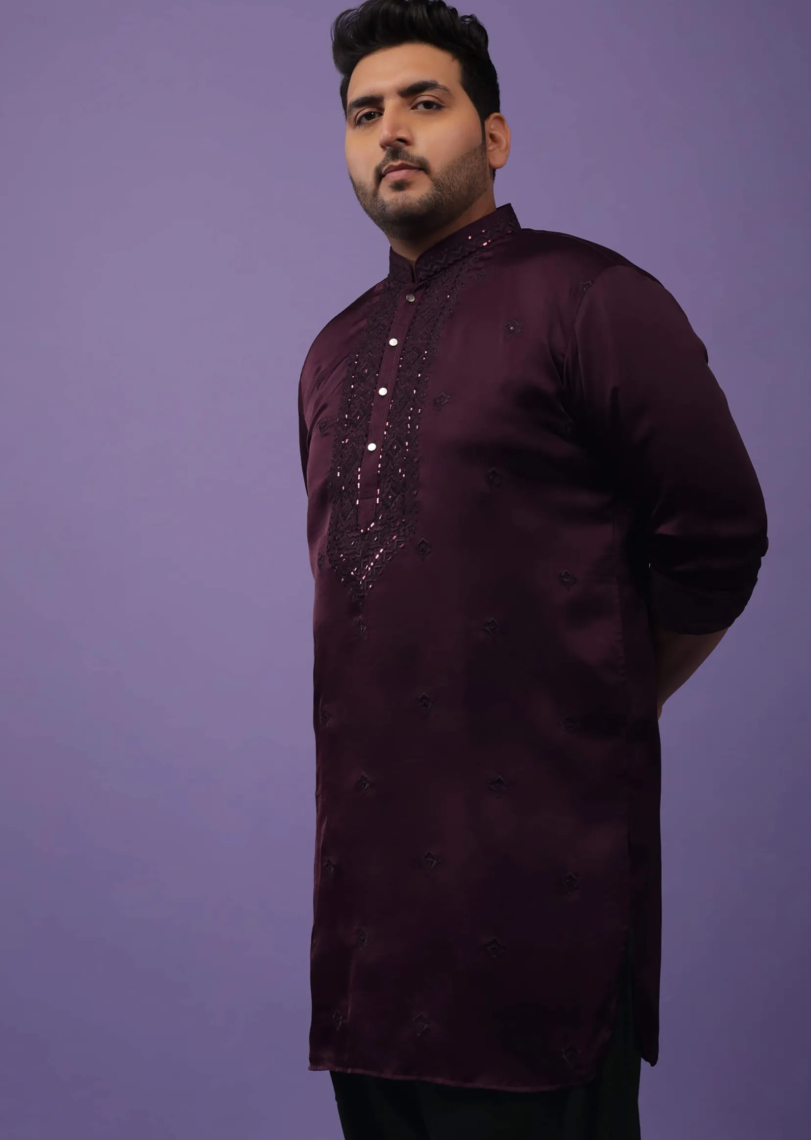 Burgundy Purple Lucknowi Embroidered Kurta In Mini Silk
