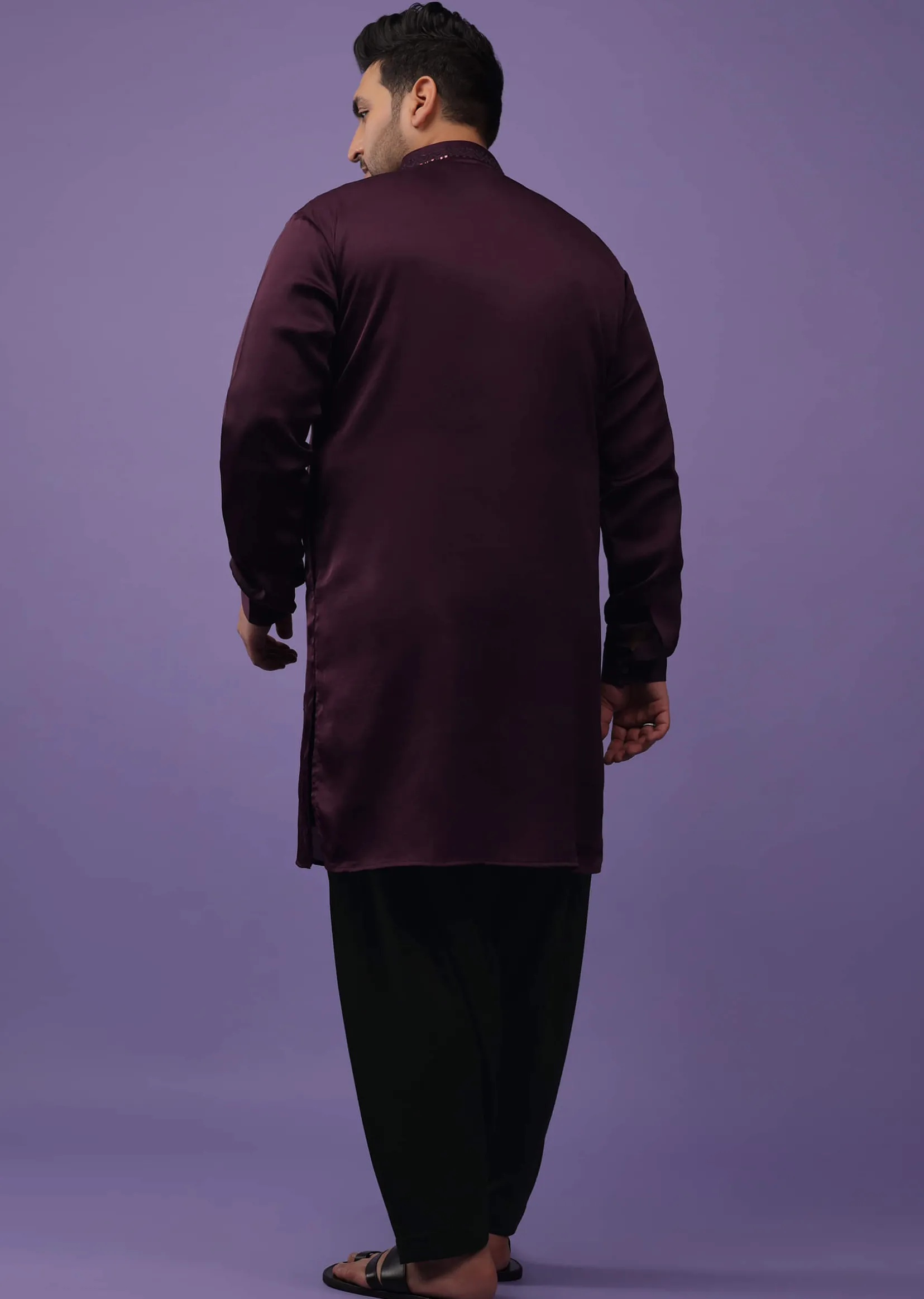 Burgundy Purple Lucknowi Embroidered Kurta In Mini Silk