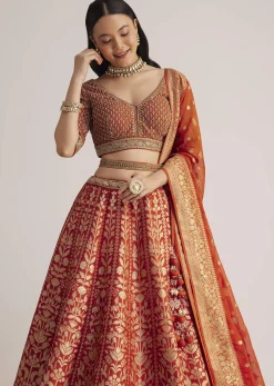 Burnt Orange Brocade Embroidered Lehenga Set